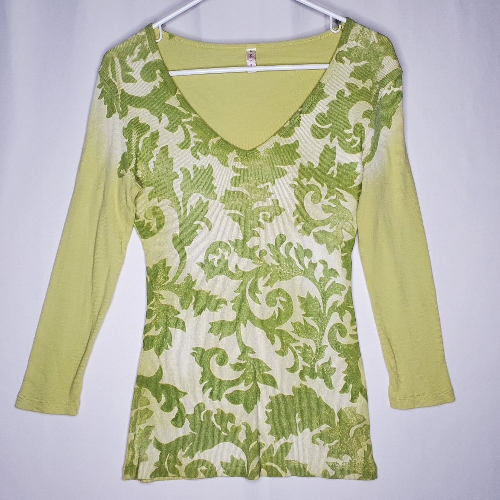 David Cline Top Women Medium Vtg Green Paisley Rib Knit 3/4 Vneck 90s Y2K Grunge